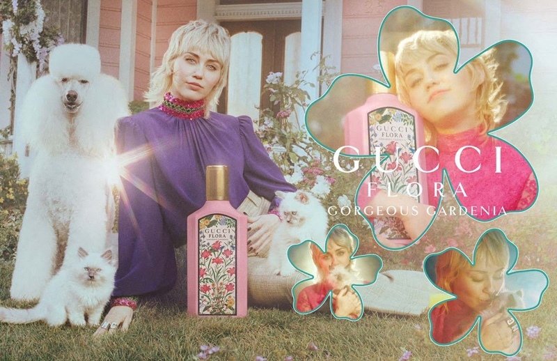 Americká zpěvačka Miley Cyrus nafotila ve fialovém modelu novou kampaň na parfém značky Gucci.