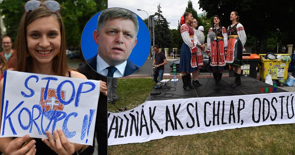 Pražský protest Slováků proti Ficovi a jeho ministrovi vnitra Kaliňákovi