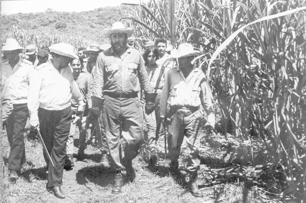 Fidel Castro doprovází sovětskou delegaci na Kubě po poli s cukrovou třtinou.