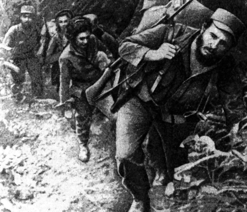 Fidel Castro s guerillou v pohoří Sierra Madre v roce 1958. Žena za ním je Celia Sánchez Manduley považovaná za jeho přítelkyni a milenku.