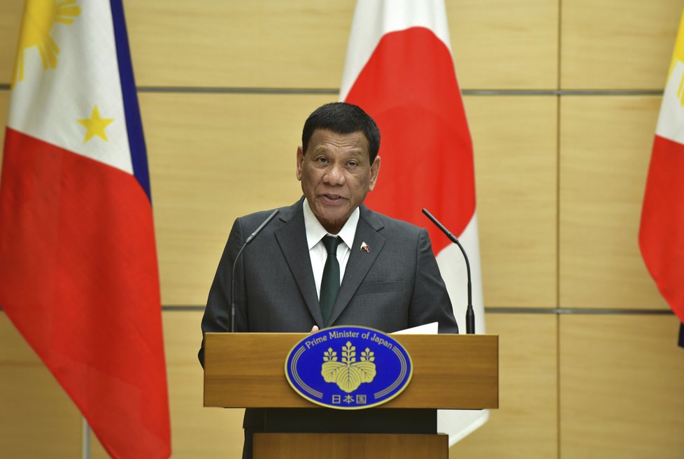 Filipínský prezident Duterte během projevu v Japonsku.