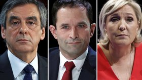 Prezidenští kandidáti Francois Fillon, Benoit Hamon, Marine Le Penová, Emmanuel Macron a Jean-Luc Mélenchon
