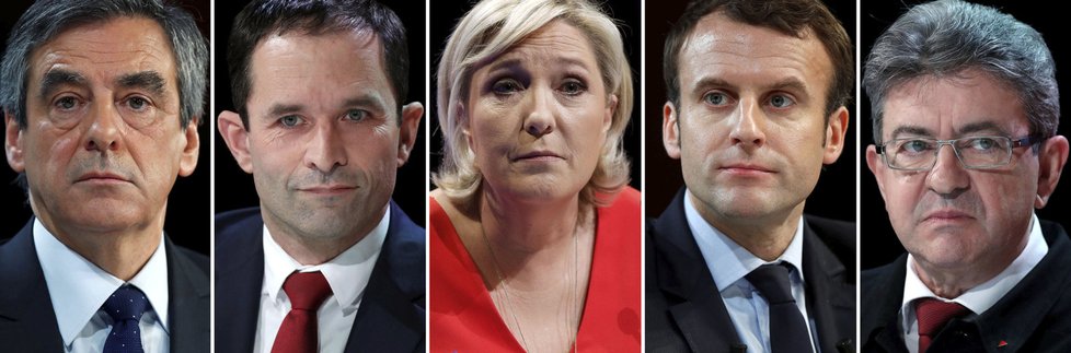Pezidenští kandidáti Francois Fillon, Benoit Hamon, Marine Le Penová, Emmanuel Macron a Jean-Luc Mélenchon
