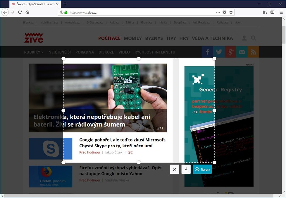 Nově můžete pořídit snímek celé stránky nebo výřezu