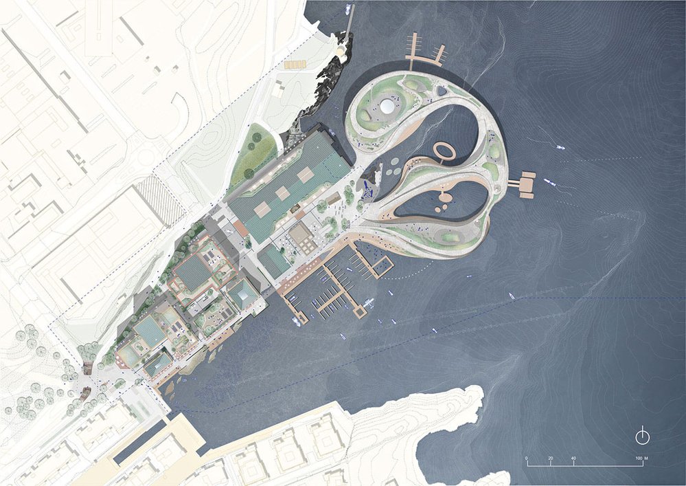 Na snímku seshora je znatelně vidět rozdělení na 3 části: Fjord, Přístav a Město