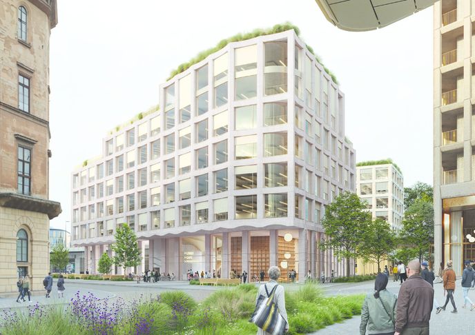 Vizualizace z ulice Na Florenci směrem k západnímu vstupu do bloku B01 podle Adept a ohboi Vizualizace z ulice Na Florenci směrem k západnímu vstupu do bloku B01 podle Adept a ohboi