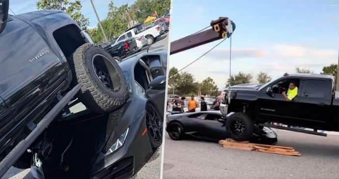 Pick-up na Floridě zaparkoval na střeše luxusního lamborghini.