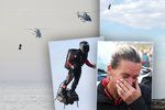 Francouz Franky Zapata úspěšně přeletěl Lamanšský průliv na svém futuristickém dopravním prostředku Flyboard Air. Jeho žena plakala štěstím (4. 8. 2019)