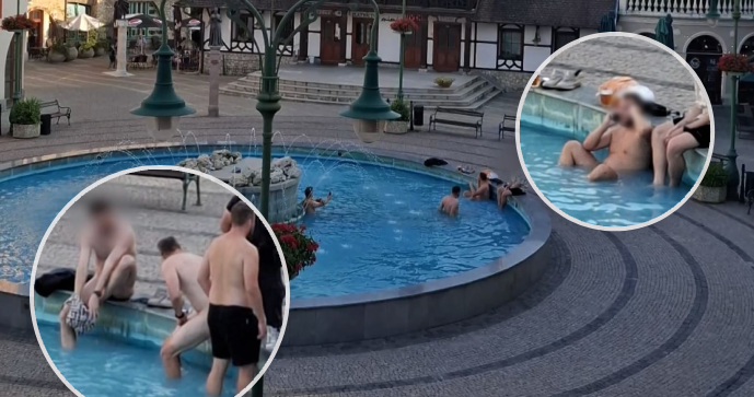 Kvarteto Čechů se koupalo ve fontáně ve slovenském Komárnu.