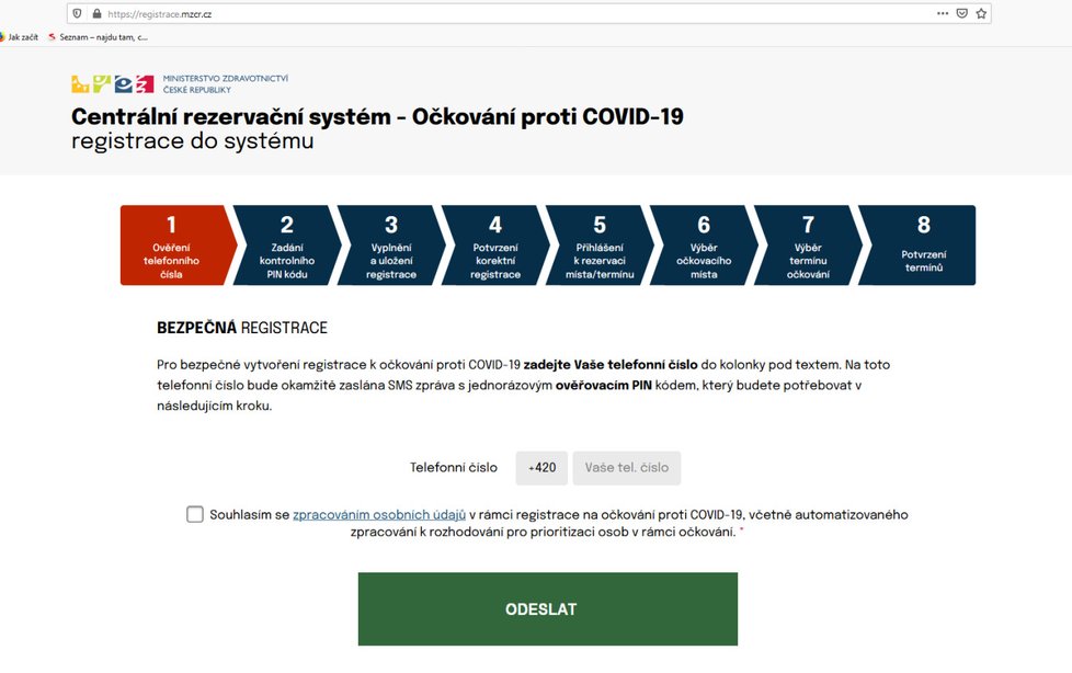 Registrační formulář na očkování proti covidu-19