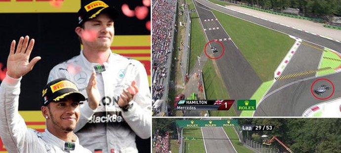 Klíčový moment závodu v Itálii. Nico Rosberg chyboval a pustil do vedení stájového kolegu Lewise Hamiltona.