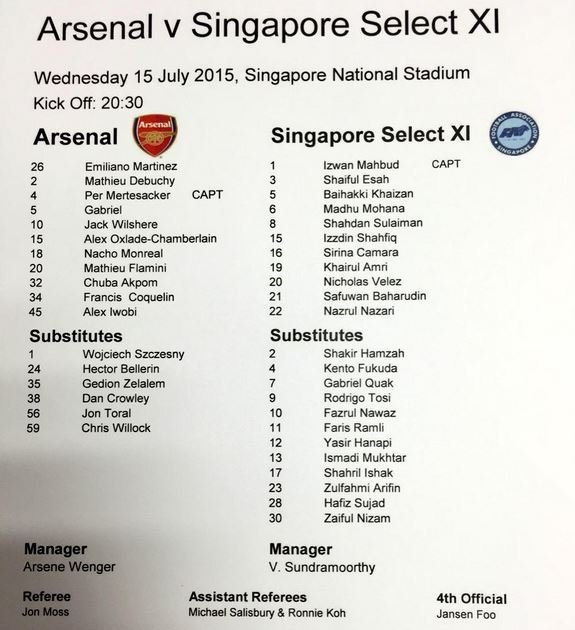 Sestava Arsenalu na první zápas v Singapuru.