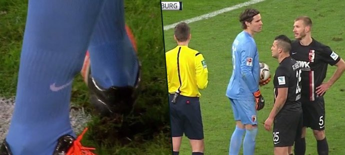 Brankář Augsburgu Marwint Hitz před penaltou "upravil" trávník, pak chytil penaltu