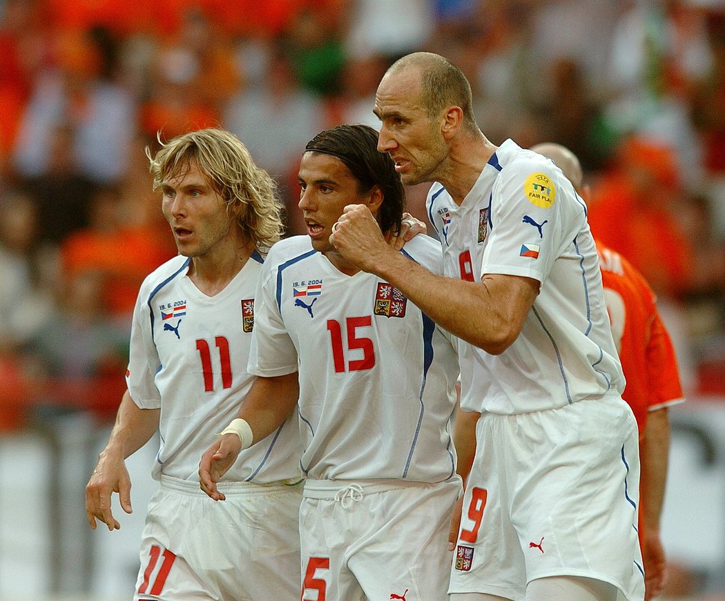 Pavel Nedvěd, Milan Baroš a Jan Koller na mistrovství Evropy 2004 v Portugalsku