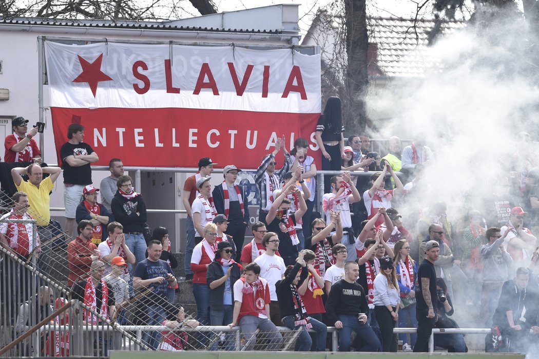 Fanoušci Slavie při zápase v Brně