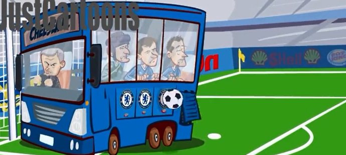 Zaparkovaný autobus Chelsea. Tato taktika bývá terčem posměchu soupeřících fanoušků