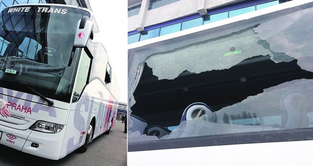 Takhle dopadl autobus Slavie Praha po napadení chuligány.
