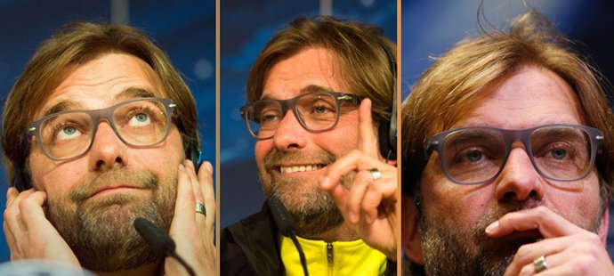 Trenér Dortmundu Jürgen Klopp předvedl na tiskové konferenci v Dortmundu širokou škálu grimas