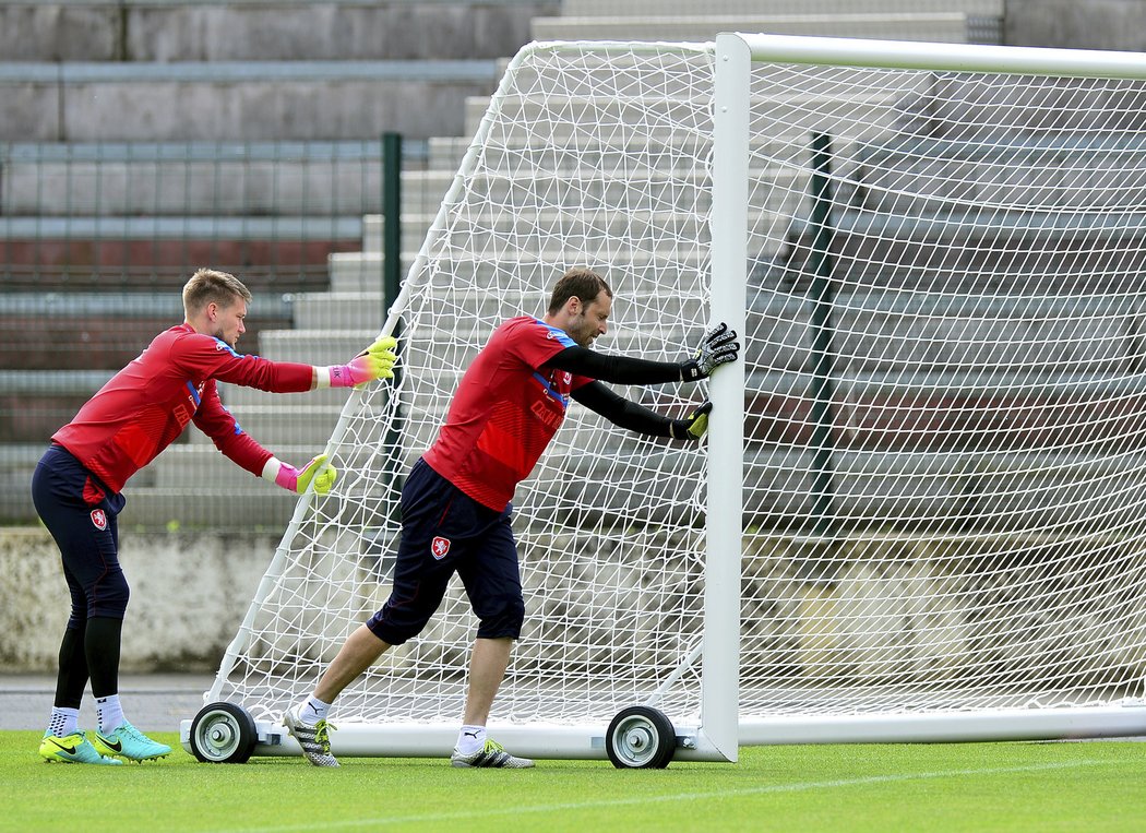 Brankáři Tomáš Vaclík a Petr Čech při tréninku po zápase se Španělskem