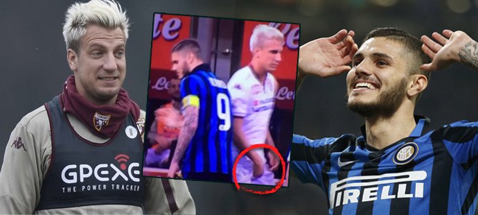 Maxi López (vlevo) nepodal kapitánovi Interu Milán Mauru Icardimu ruku. raději ji zastrčil do rozkroku.