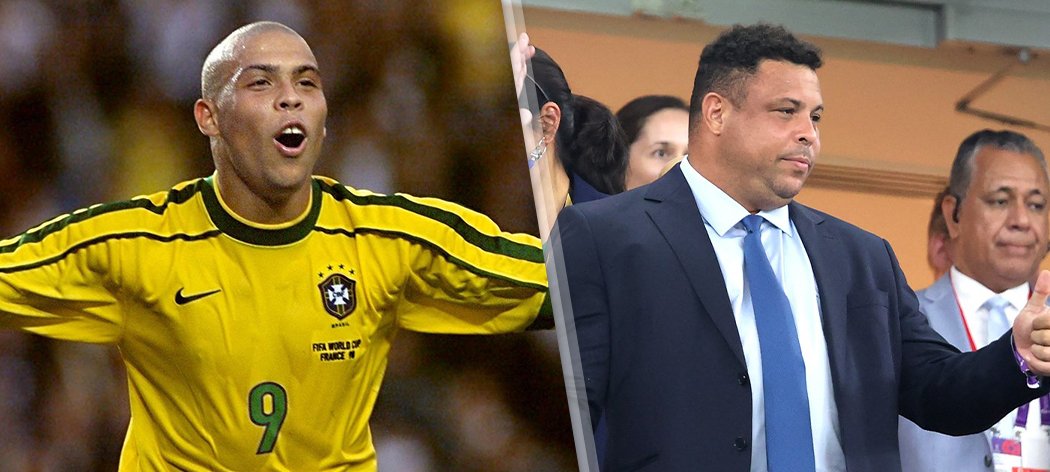 Brazilský útočník Ronaldo v roce 1998 a dnes na tribuně v Kataru