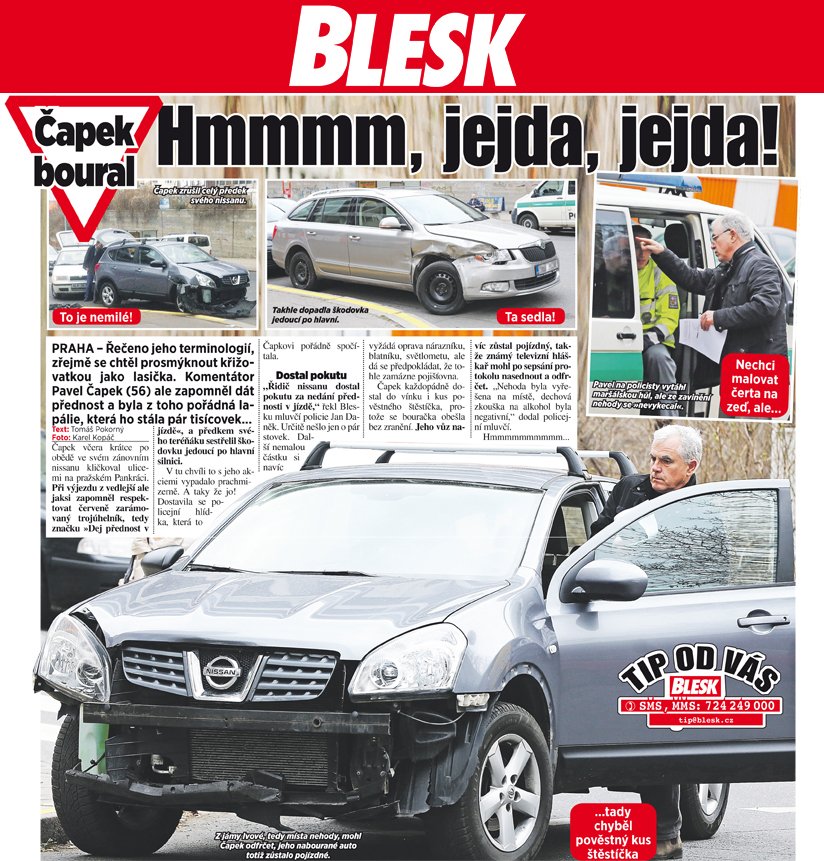 Takhlo o Čapkově nehodě informuje dnešní deník Blesk.