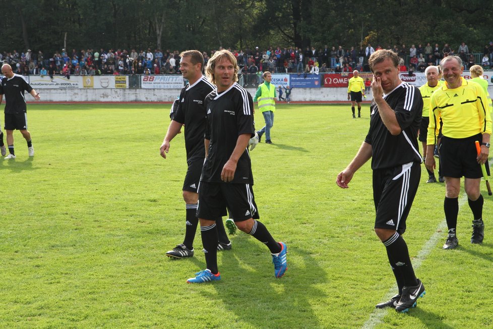 Pavel Kuka, Pavel Nedvěd a Karel Poborský v Hodoníně v roce 2012.