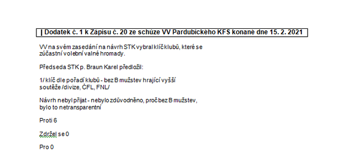 Dodatek k zápisu z únorové valné hromady Pardubického krajského fotbalové svazu