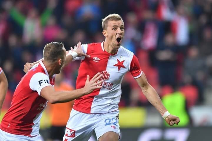 Tomáš Souček se raduje z vedoucího gólu Slavie