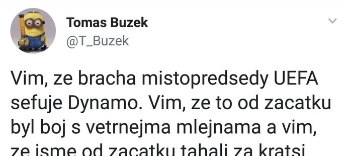 Člen představenstva Slavie Tomáš Buzek a jeho tweet po prohře s Dynamem Kyjev