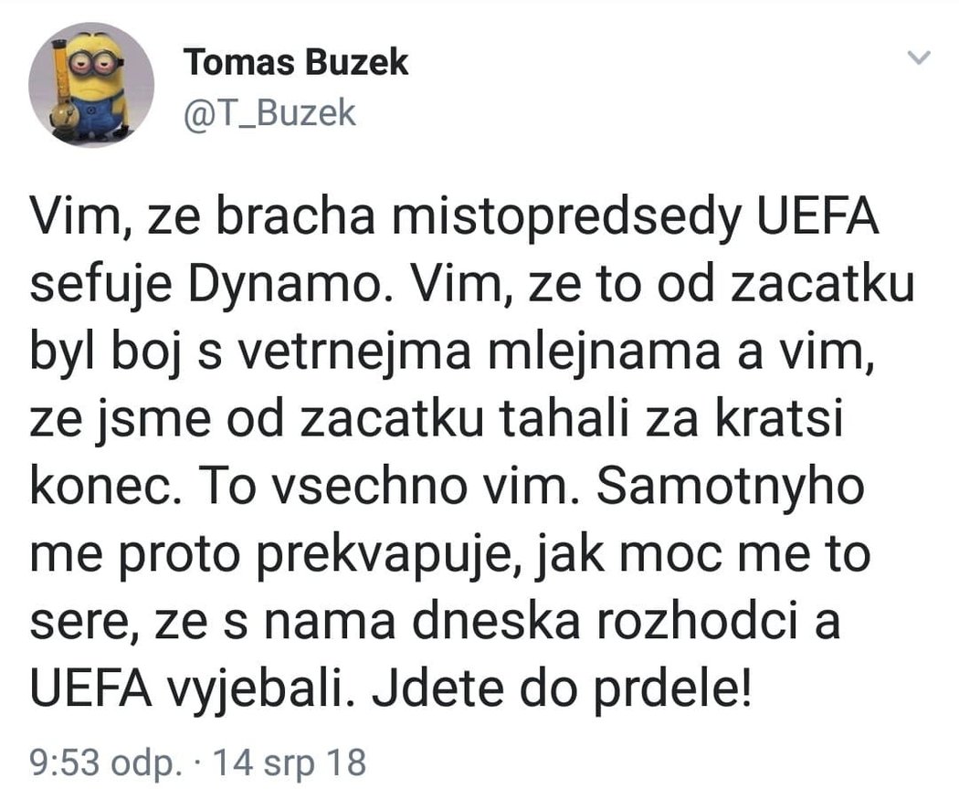 Člen představenstva Slavie Tomáš Buzek a jeho tweet po prohře s Dynamem Kyjev