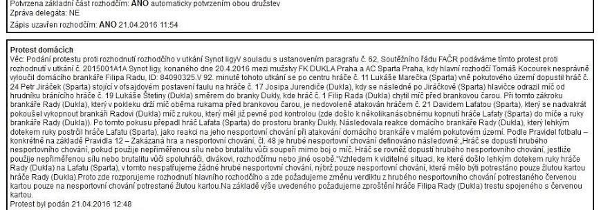 Výňatek ze zápisu o utkání Dukla - Sparta s protestem Dukly