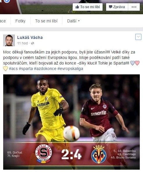 Lukáš Vácha poděkoval fanouškům po utkání s Villarrealem