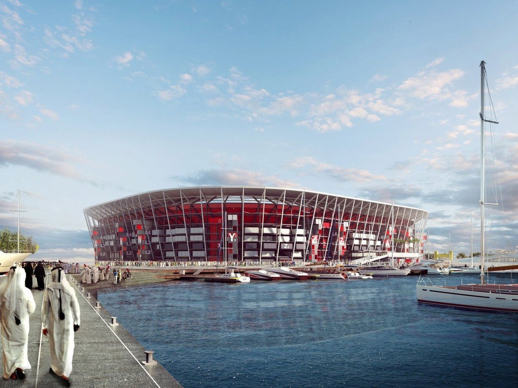 Pohled na stadion Ras Abu Aboud. Zahraniční pracovníci, kteří se podíleli na výstavbě zázemí pro letošní MS v Kataru, protestovali proti nevyplácení mzdy. Místo vyplacení skončili ve vězení, některé dokonce deportovali!