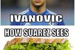 Internetová tvořivost fanoušků... Všichni vidíme Branislava Ivanoviče jako obránce Chelsea, Luis Suárez jako sendvič