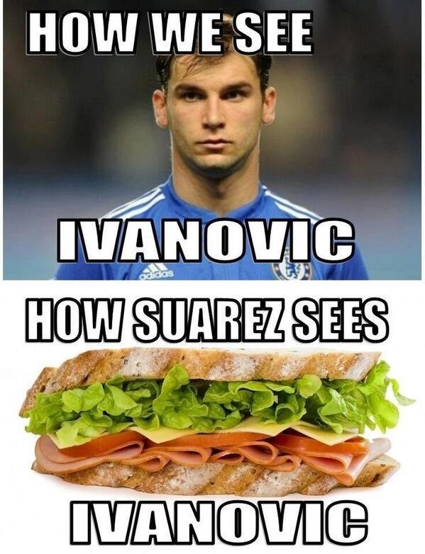 Internetová tvořivost fanoušků... Všichni vidíme Branislava Ivanoviče jako obránce Chelsea, Luis Suárez jako sendvič