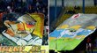 Fanoušci Slavie namalovali na transparent Picassův autoportét, tepličtí příznivci zvolili šmouly