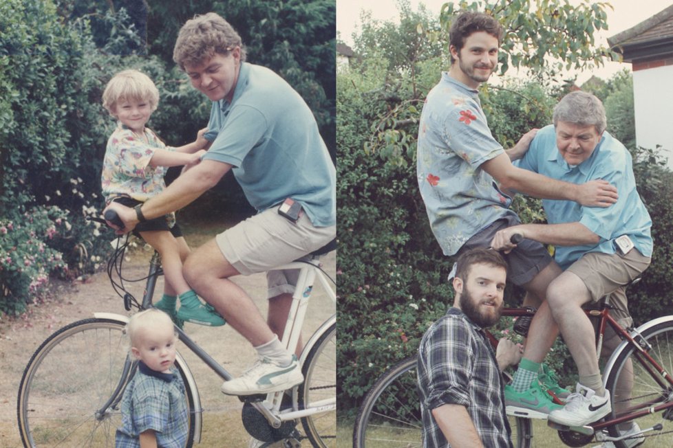 Fotografie rodiny před několika lety a dnes.