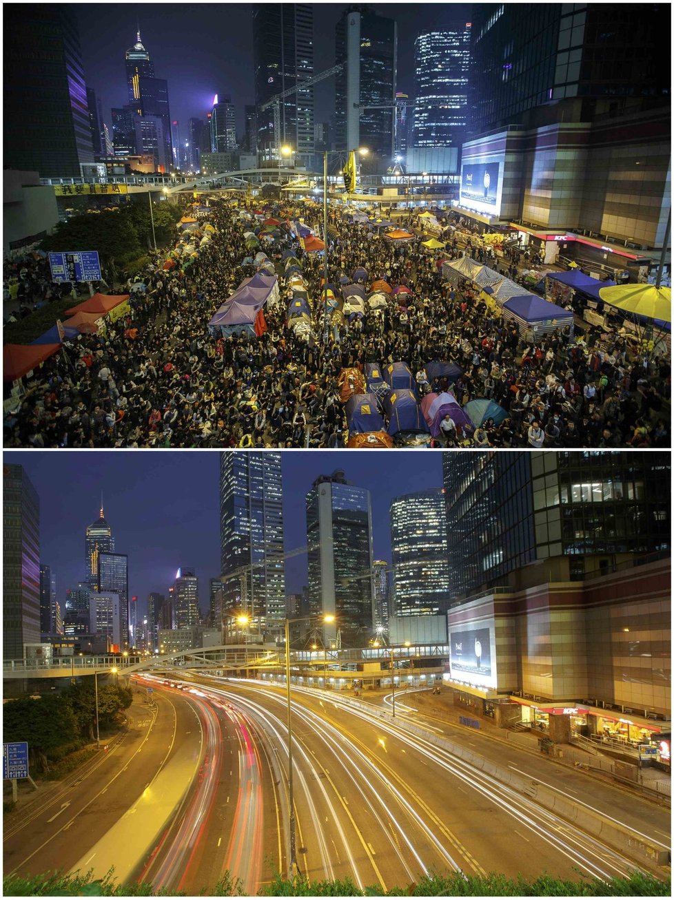 Hongkongská policie zprůjezdnila klíčovou dopravní tepnu ve čtvrti Admiralty v centru města, z níž ve čtvrtek odklidila hlavní tábor prodemokratických demonstrantů. Zatčeno bylo 250 lidí s obviněním z nezákonného shromažďování a bránění policistům ve výkonu služby, uvedla agentura Reuters. Policejní akce de facto ukončila protestní hnutí, které začalo koncem září s cílem vymoci neomezené hlasovací právo a které na svém vrcholu přivedlo do ulic desetitisíce lidí.