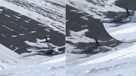Děsivé záběry nehody letadla: Na namrzlé ranveji nedobrzdilo a skončilo v hoře sněhu.