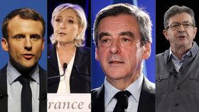 První čtyřka kandidátů na nového francouzského prezidenta má vyrovnané preference. Zleva: Emmanuel Macron, Marine Le Pen, Francois Fillon a Jean-Luc Mélenchon.