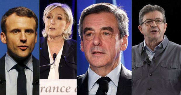 První čtyřka kandidátů na nového francouzského prezidenta má vyrovnané preference. Zleva: Emmanuel Macron, Marine Le Pen, Francois Fillon a Jean-Luc Mélenchon.