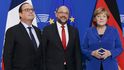 François Hollande, Martin Schulz a Angela Merkelová v Europarlamentu.