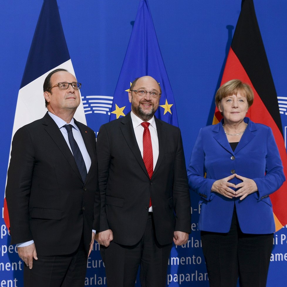 François Hollande, Martin Schulz a Angela Merkelová v Europarlamentu