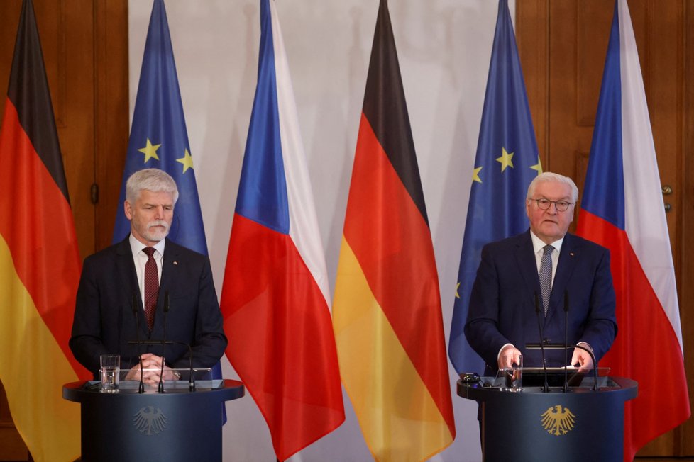 Český prezident Petr Pavel a německý prezident Frank-Walter Steinmeier na tiskové konferenci v Berlíně (21.3.2023)