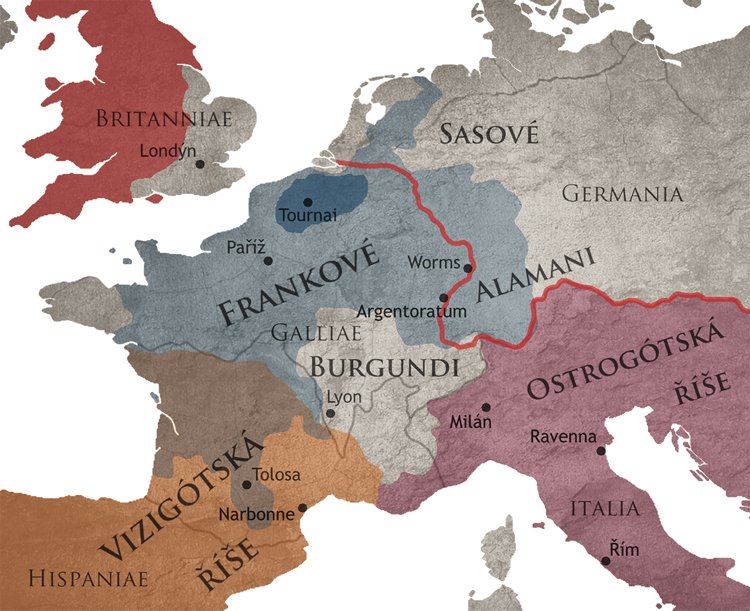 MAPA GALIE na konci 5. století: Původní římská města v civilizované Galii byla v 5. století obsazena nebo vypleněna nájezdy mezi sebou soupeřících barbarských království.