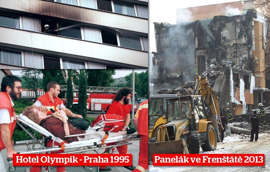 Drama ve Frenštátu (vpravo) se zařadilo mezi největší požáry obytných civilních budov za posledních 20 let. Po bok požáru hotelu Olympik