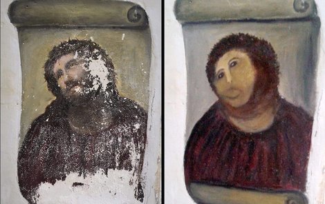 Freska Ježíše - stav před restaurací a po zásahu stařenky.