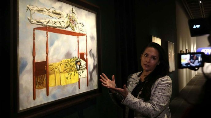 historička umění Helena Mac Gregorová před obrazem Fridy Kahlo Sen (Postel) historička umění Helena Mac Gregorová před obrazem Fridy Kahlo Sen (Postel)