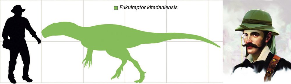 Vlevo: Porovnání velikosti dinosaura fukuiraptora s člověkem, vpravo: Objevitel a cestovatel v čase Věnceslav Brábek
